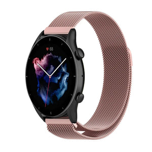 Milanese Strap, pink, on a watch, 3/4 front view