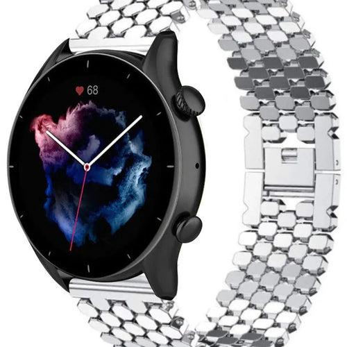 Steel Strap Hexagons, silver, on a watch, 3/4 front view