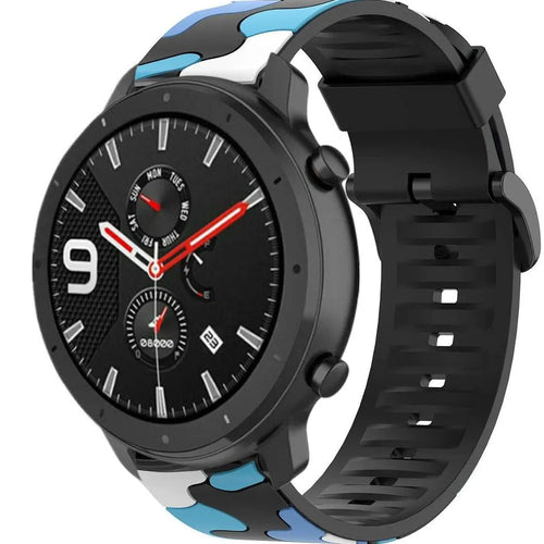 Silicone Camo Strap, blue, on a watch, 3/4 front view