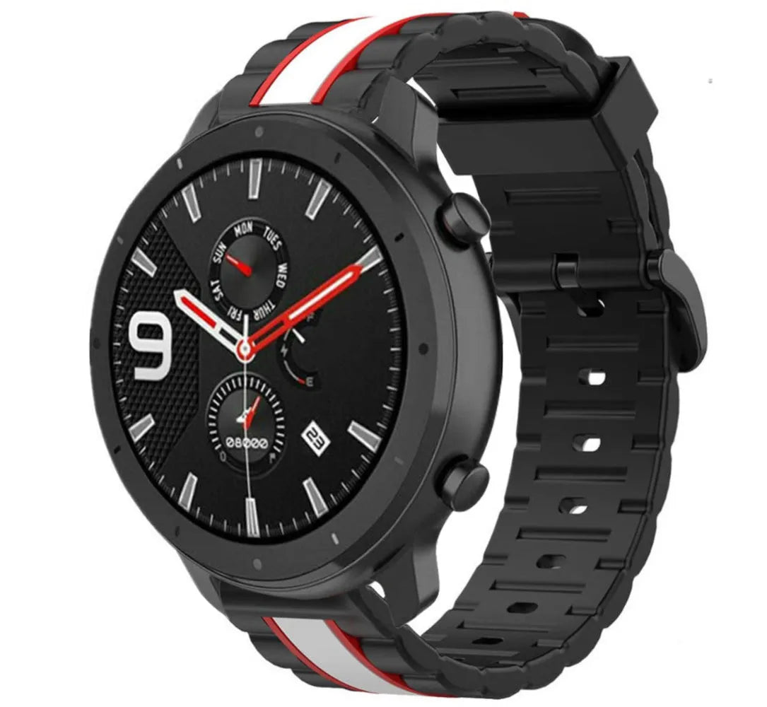 Silicone Special Edition Strap, black/white, on a watch, 3/4 front view