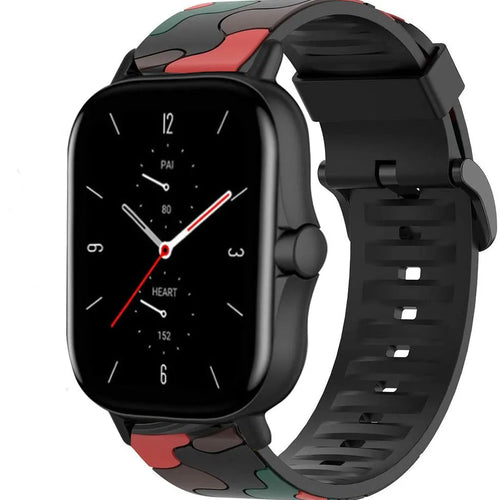 Silicone Camo Strap, red, on a watch, 3/4 front view