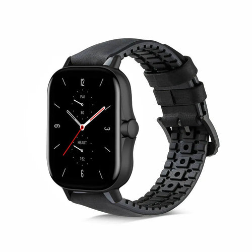 Leather Hybrid Strap, black, on a watch, 3/4 front view