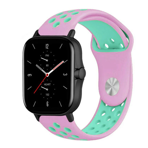 Silicone Sport Strap, pink/aqua, on a watch, 3/4 front view