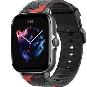 Silicone Camo Strap, red, on a watch, 3/4 front view