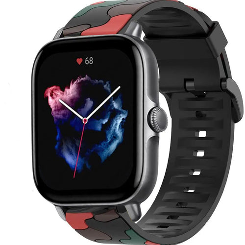 Silicone Camo Strap, red, on a watch, 3/4 front view