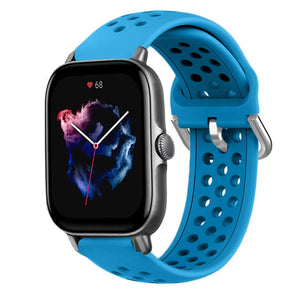 Breathable Silicone Strap, light blue, on a watch, 3/4 front view
