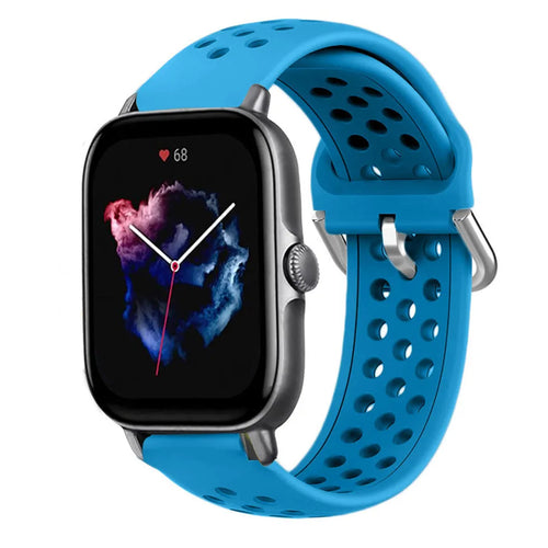 Breathable Silicone Strap, light blue, on a watch, 3/4 front view