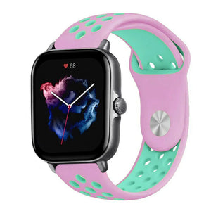 Silicone Sport Strap, pink/aqua, on a watch, 3/4 front view
