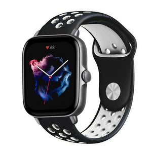Silicone Sport Strap, black/white, on a watch, 3/4 front view