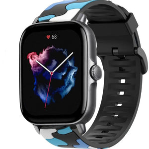 Silicone Camo Strap, blue, on a watch, 3/4 front view