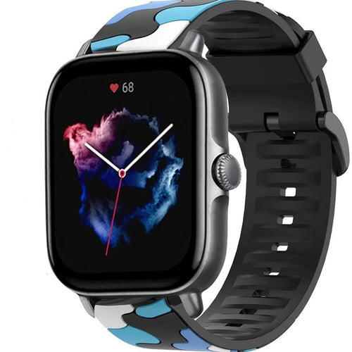 Silicone Camo Strap, blue, on a watch, 3/4 front view