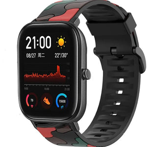 Silicone Camo Strap, red, on a watch, 3/4 front view