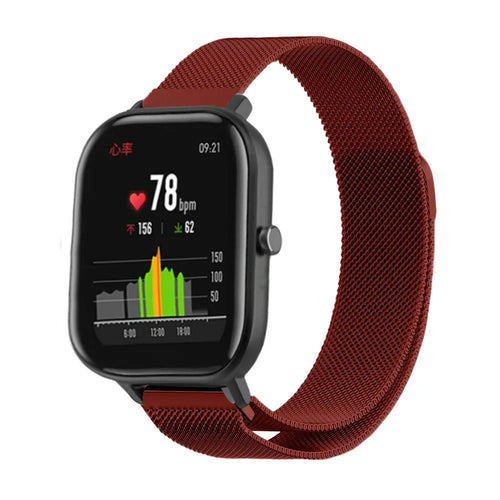 Milanese Strap, red, on a watch, 3/4 front view