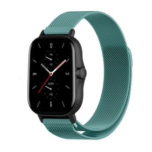 Milanese Strap, green, on a watch, 3/4 front view