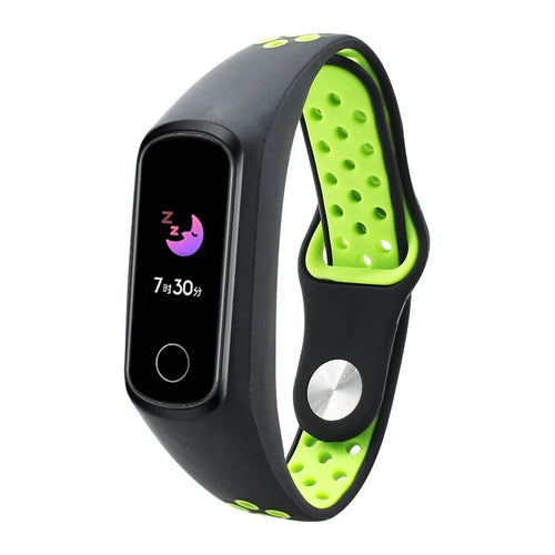 Silicone Sport Strap, black/green, on a watch, 3/4 front view