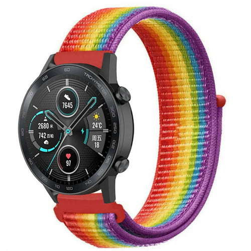 Nylon Strap, rainbow, on a watch, 3/4 front view
