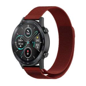 Milanese Strap, red, on a watch, 3/4 front view