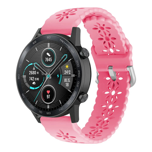 Patterned Silicone Strap, bright pink, on a watch, 3/4 front view