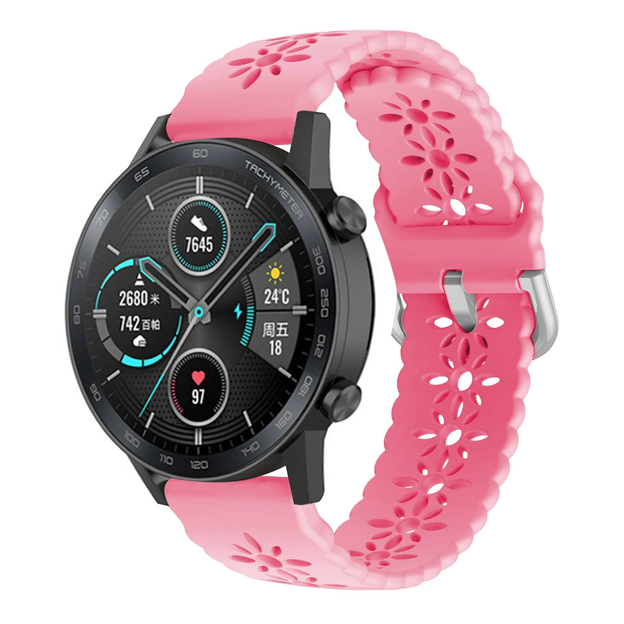 Patterned Silicone Strap, bright pink, on a watch, 3/4 front view