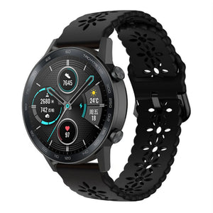 Patterned Silicone Strap, black, on a watch, 3/4 front view