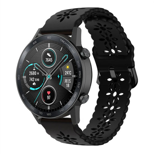 Patterned Silicone Strap, black, on a watch, 3/4 front view
