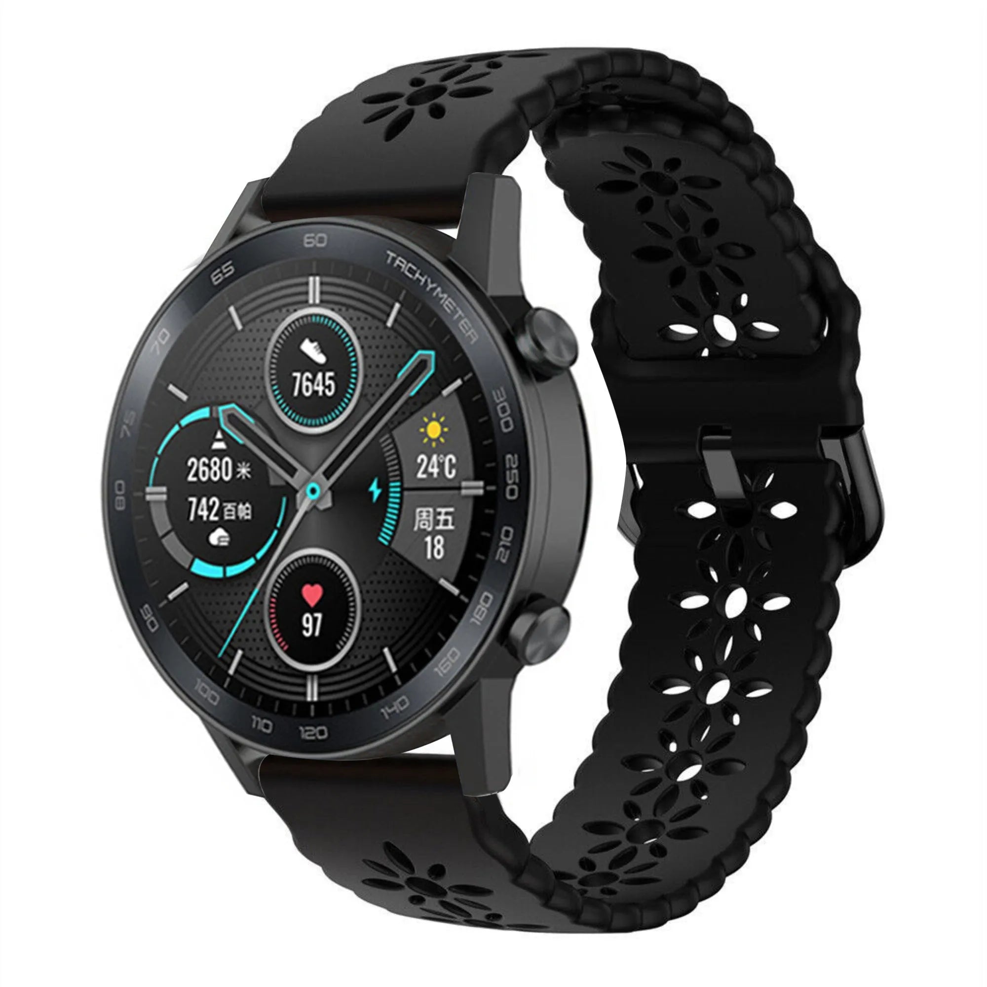 Patterned Silicone Strap, black, on a watch, 3/4 front view