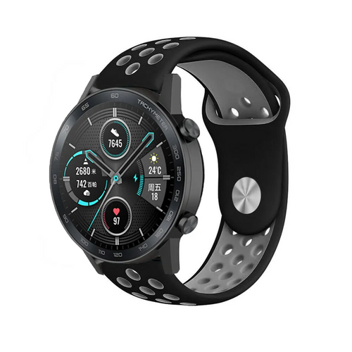 Silicone Sport Strap, black/grey, on a watch, 3/4 front view