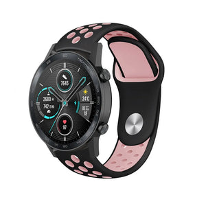 Silicone Sport Strap, black/pink, on a watch, 3/4 front view