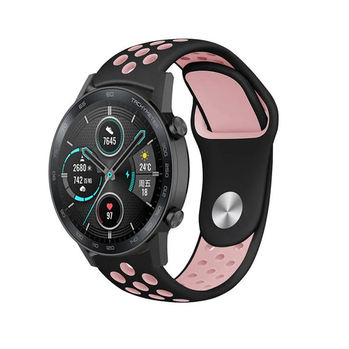 Silicone Sport Strap, black/pink, on a watch, 3/4 front view