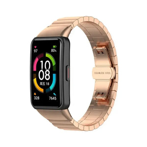 Premium Metal Strap, rose gold, on a watch, 3/4 front view