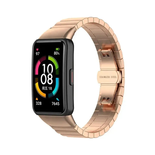 Premium Metal Strap, rose gold, on a watch, 3/4 front view