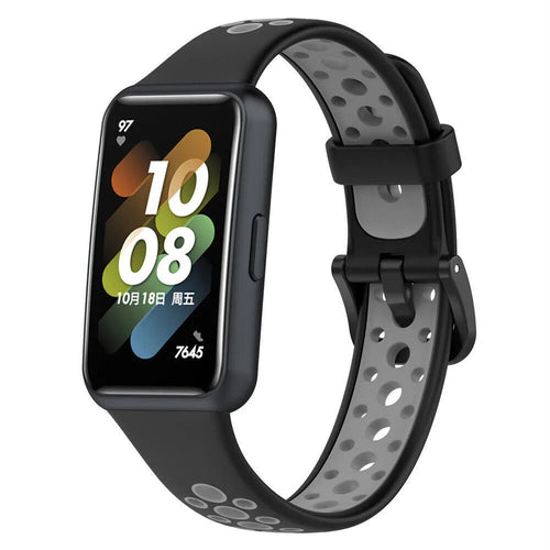 Silicone Sport Strap, black/grey, on a watch, 3/4 front view