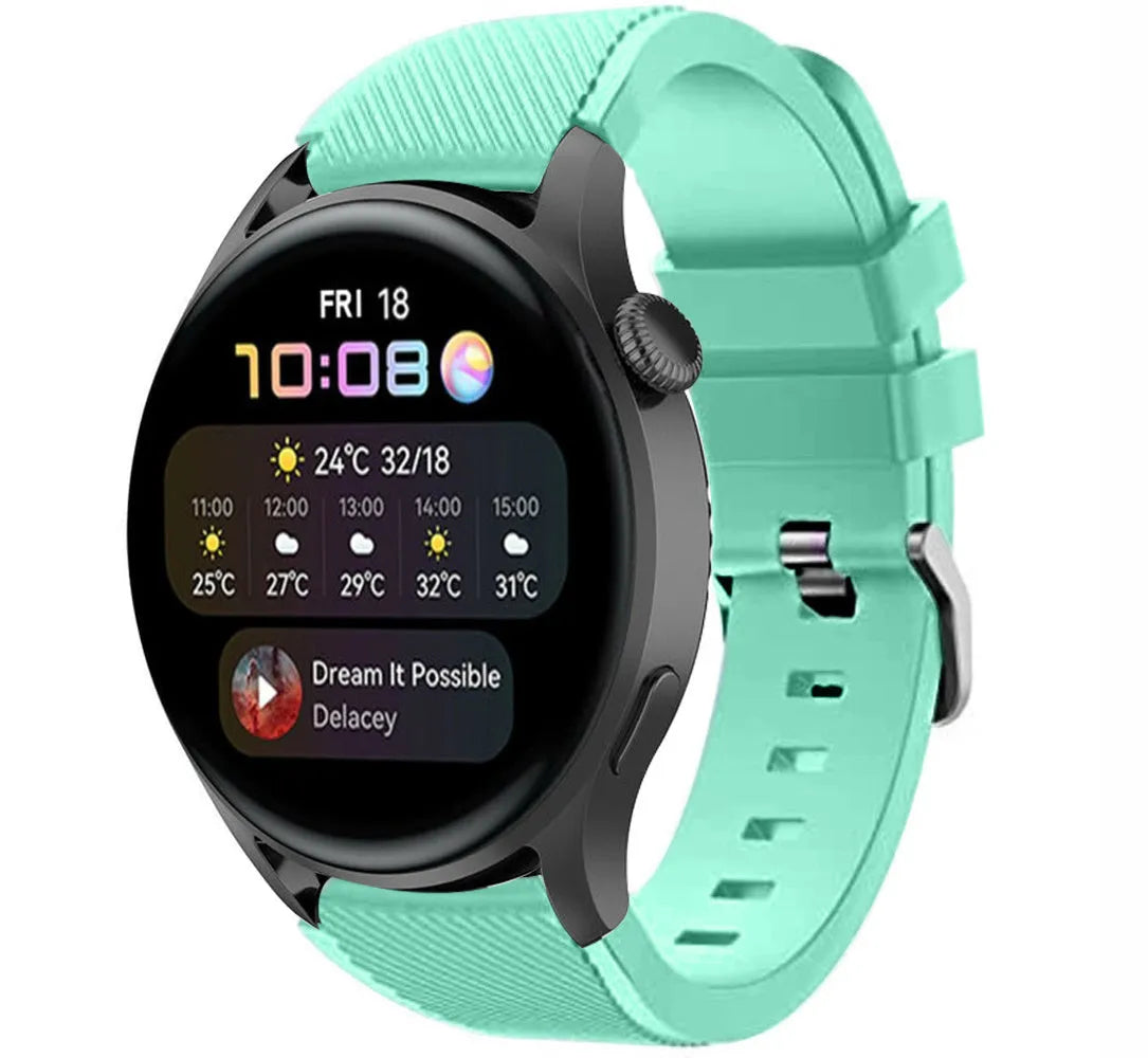 Twill Silicone Strap, aqua, on a watch, 3/4 front view
