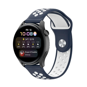 Silicone Sport Strap, blue/white, on a watch, 3/4 front view