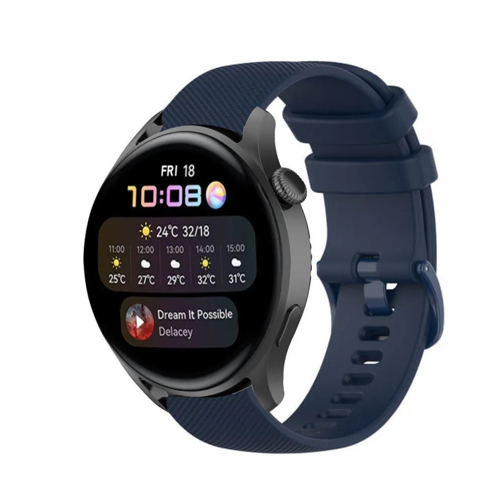 Premium Silicone Strap, dark blue, on a watch, 3/4 front view
