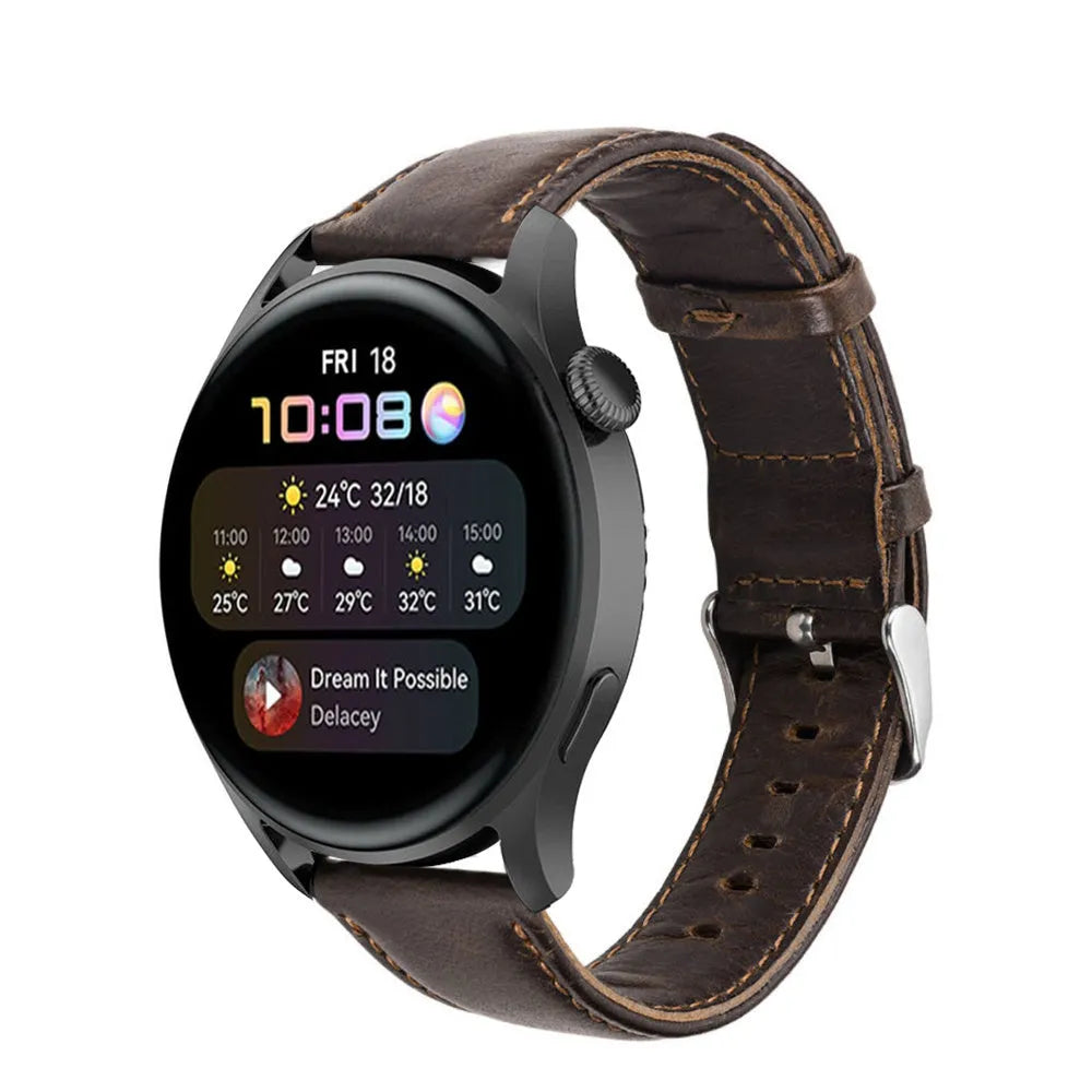 Leather Strap, dark brown, on a watch, 3/4 front view