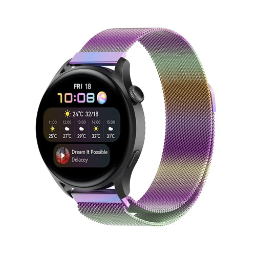 Milanese Strap, rainbow, on a watch, 3/4 front view