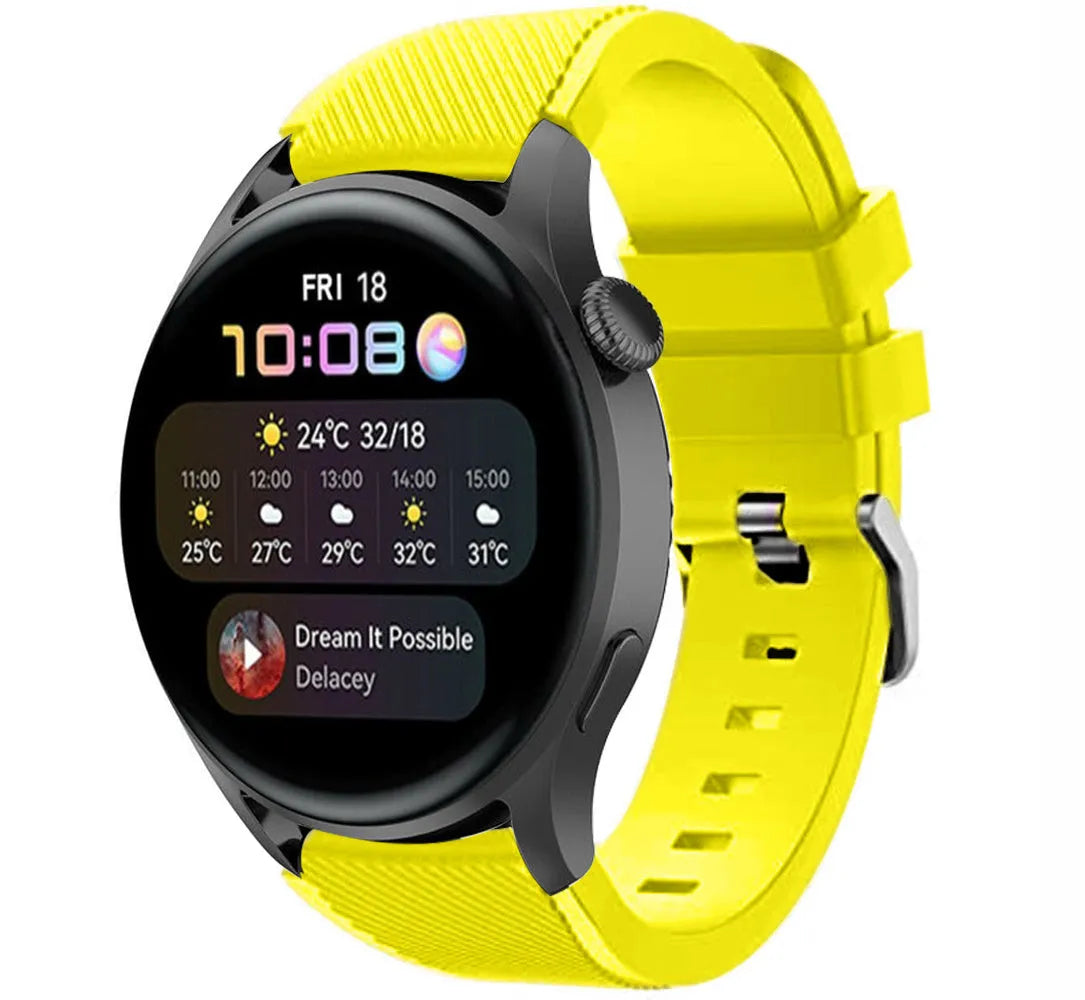 Twill Silicone Strap, yellow, on a watch, 3/4 front view