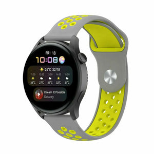 Silicone Sport Strap, grey/yellow, on a watch, 3/4 front view