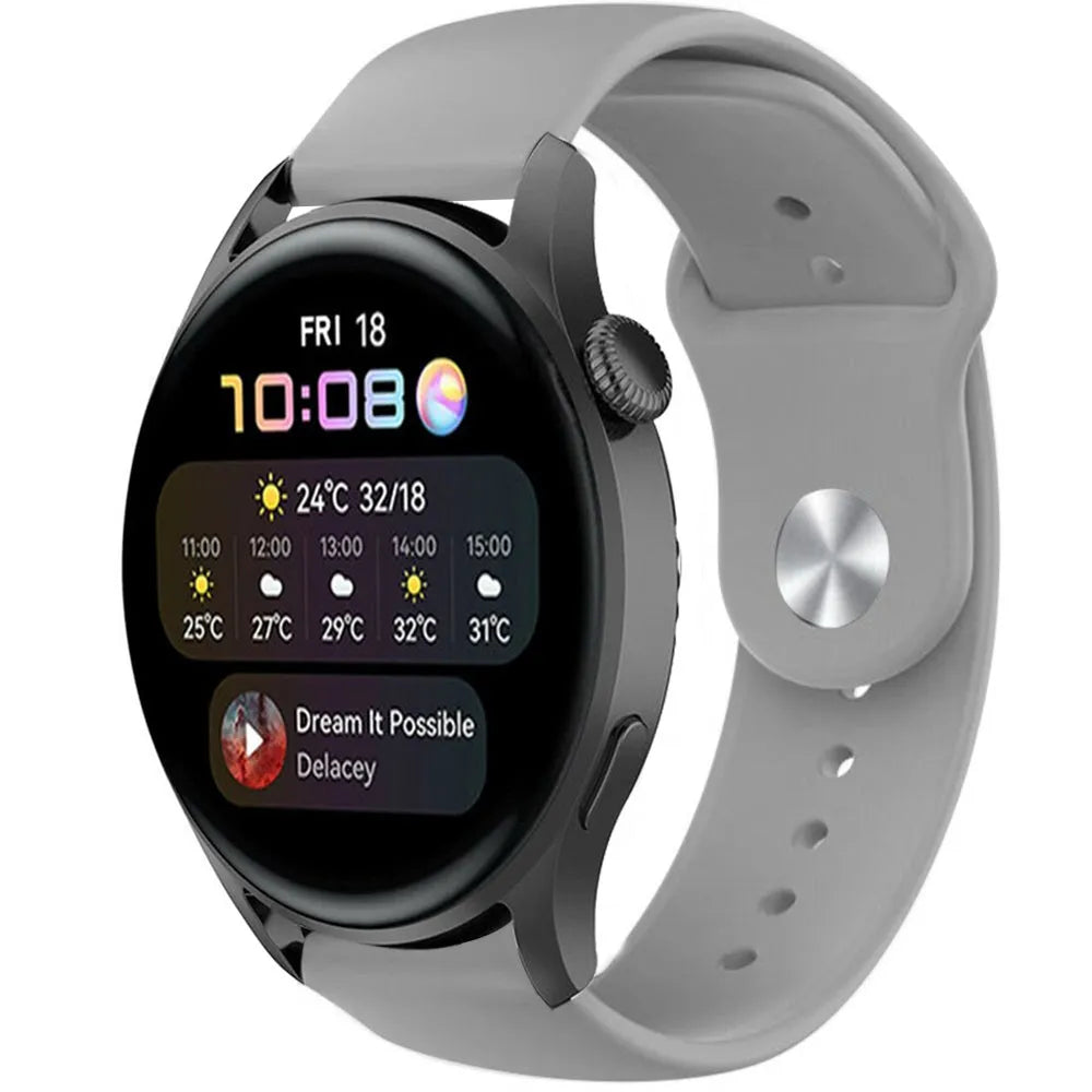 Silicone Sport Strap, grey, on a watch, 3/4 front view