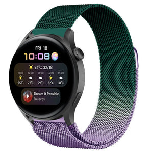 Milanese Strap, purple/green, on a watch, 3/4 front view