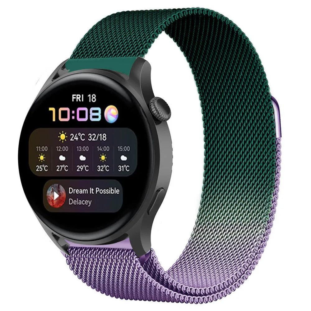 Milanese Strap, purple/green, on a watch, 3/4 front view