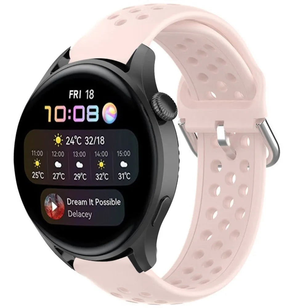 Breathable Silicone Strap, pink, on a watch, 3/4 front view