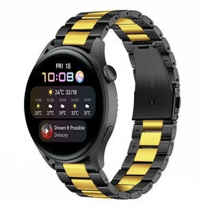 Steel Strap, black/gold, on a watch, 3/4 front view