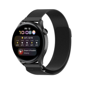 Milanese Strap, black, on a watch, 3/4 front view