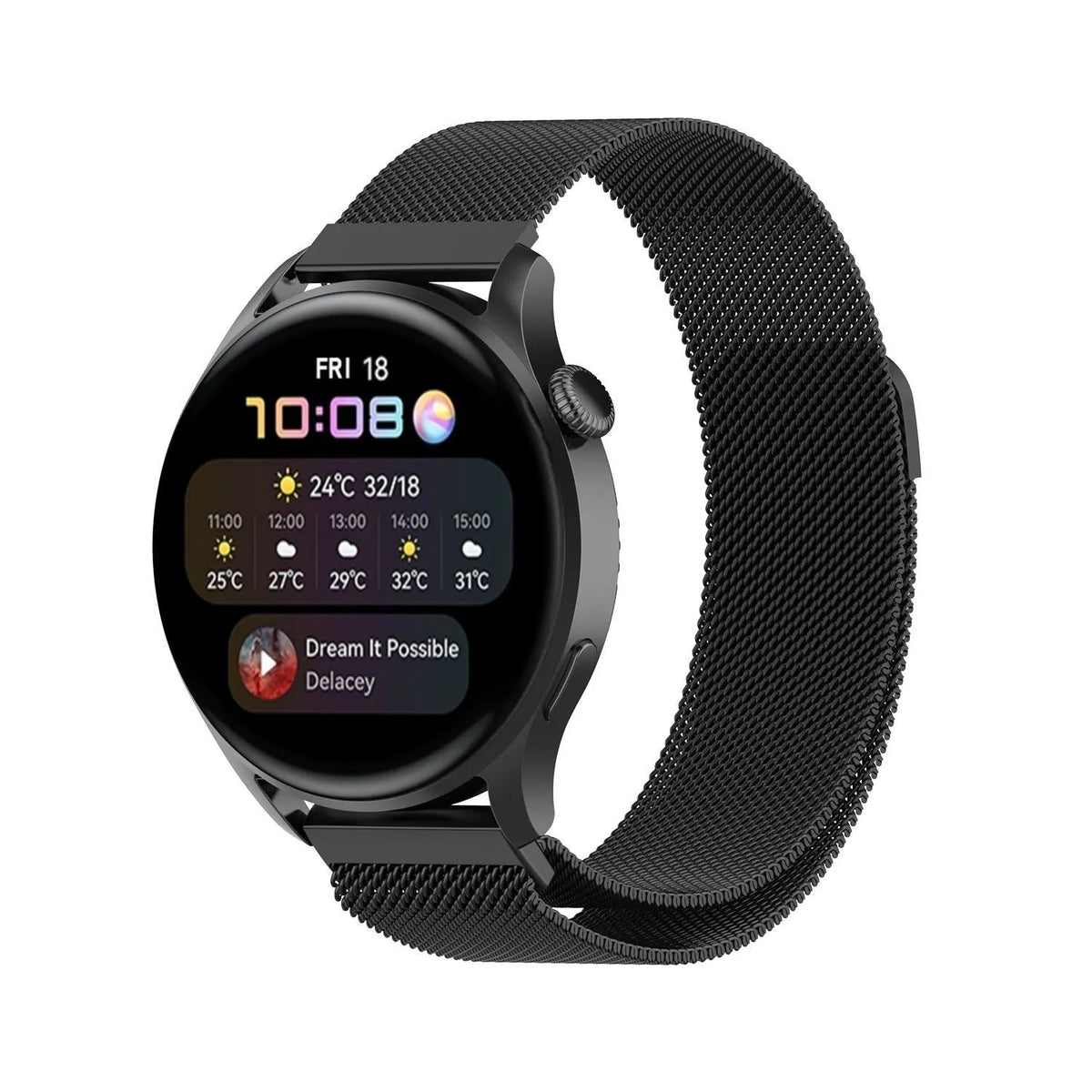 Milanese Strap, black, on a watch, 3/4 front view