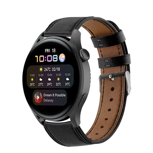 Modern Leather Strap, black, on a watch, 3/4 front view
