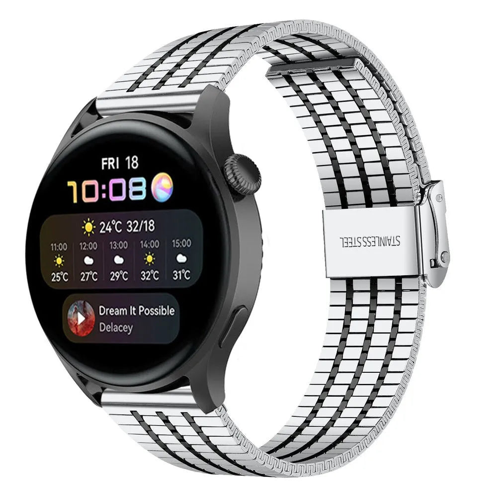 Fine Steel Strap, silver/black, on a watch, 3/4 front view
