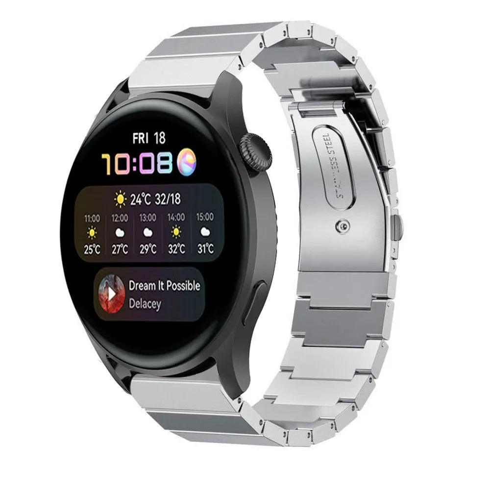 Premium Metal Strap, silver, on a watch, 3/4 front view