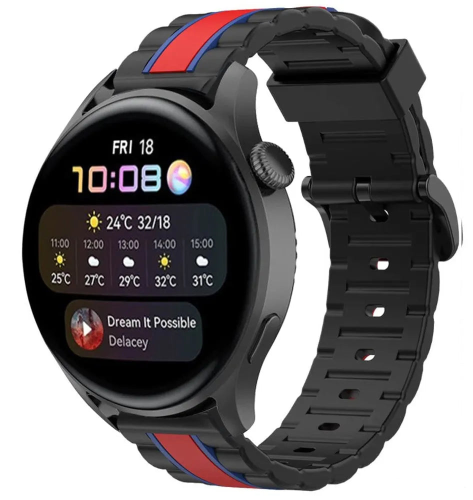 Silicone Special Edition Strap, black/red, on a watch, 3/4 front view